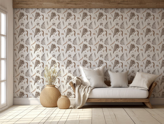 Cordeilia Wallpaper In Living Room WIth Small Farmhouse Sofa With Large Woven Plant Pots And Light Shining Through