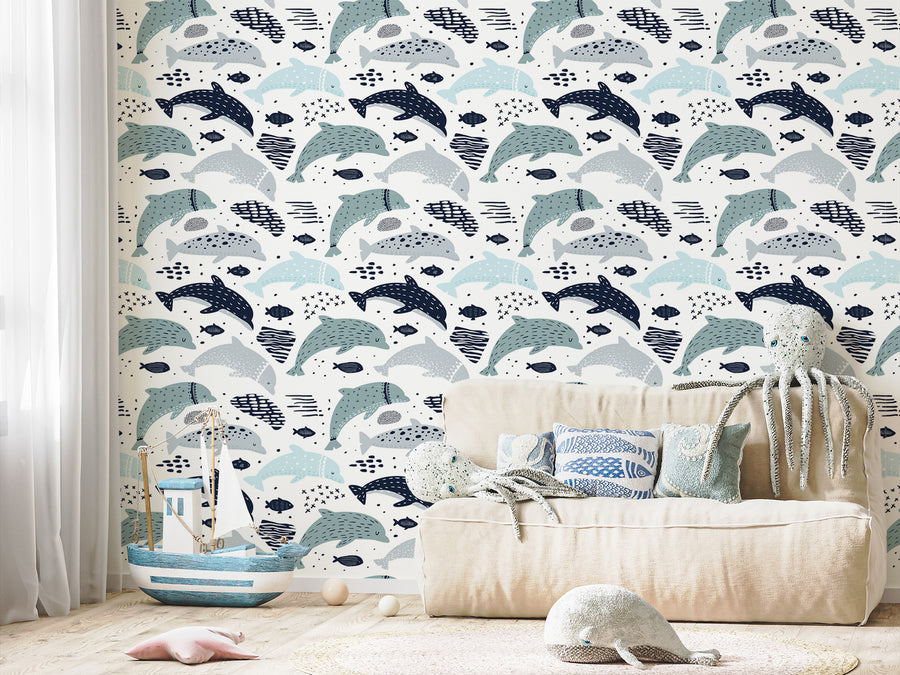 Delphine Wallpaper In Children's Playroom With Blue Boats, Octopus and Whales