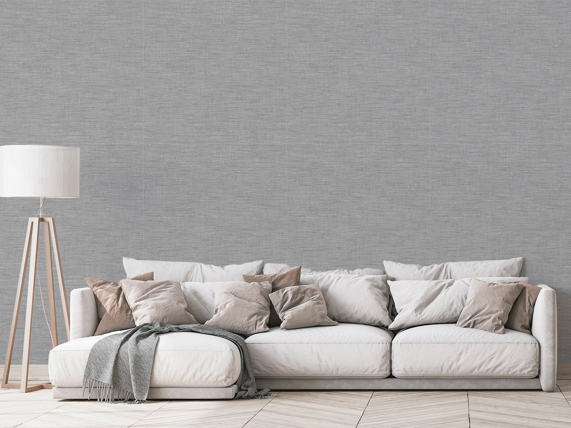 Eira Modern living room design, white sofa and wooden floor lamp, panorama