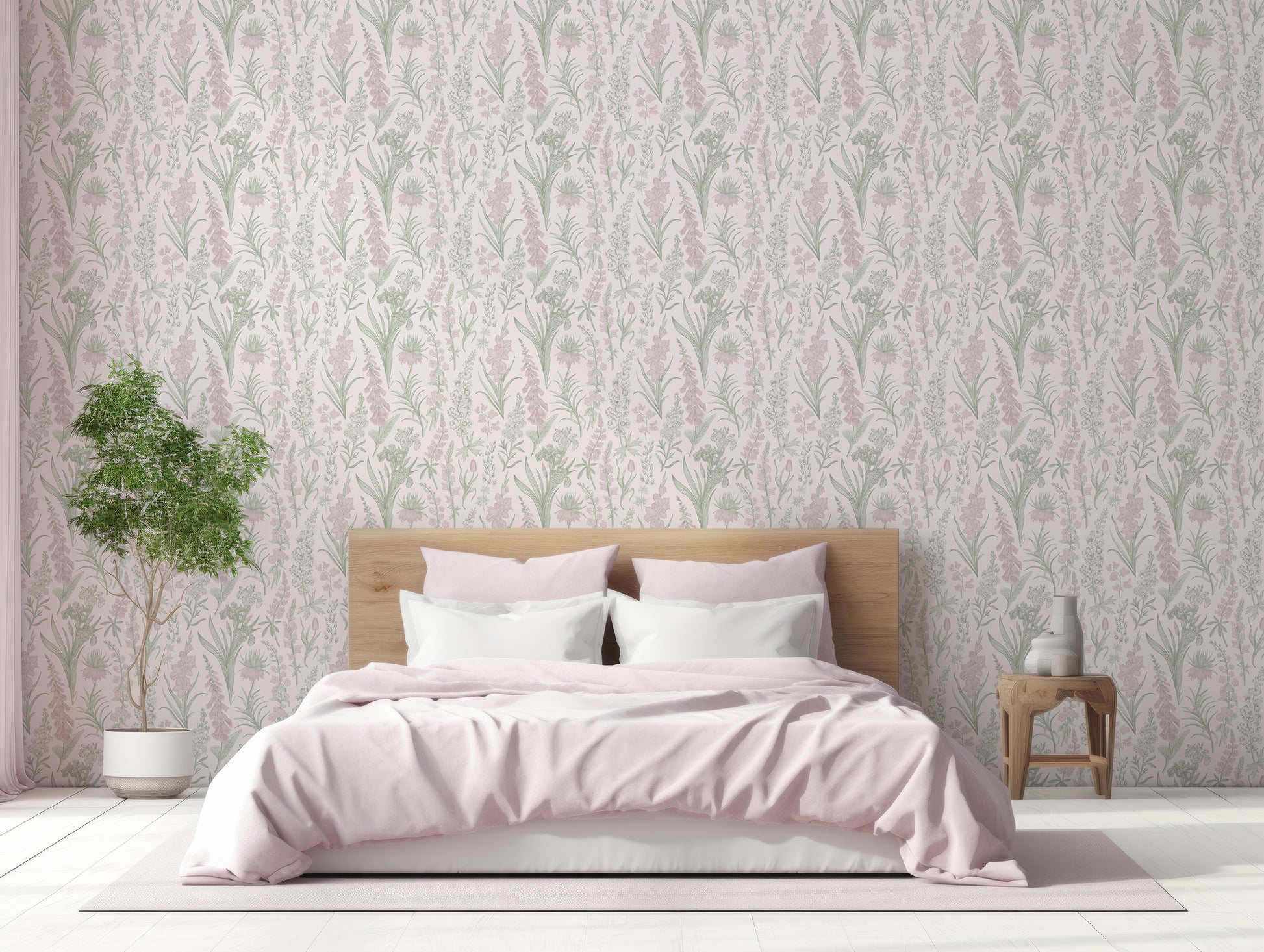 Esther Wallpaper In Bedroom With Wooden Framed Bed With White & Pink Bedding