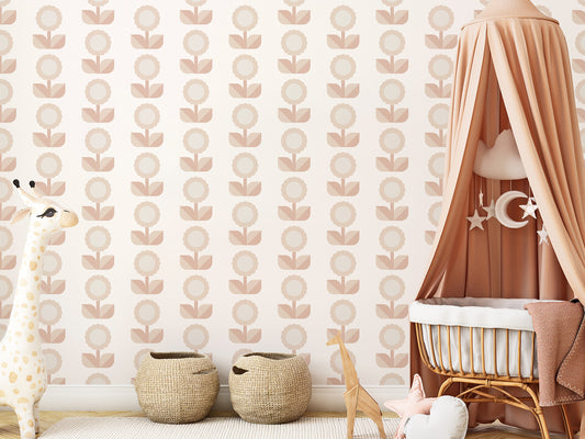 Hulda Wallpaper In Children's Cot Covered in Beige Fabric With Toy Giraffe