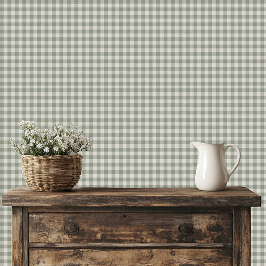 Jemima Small Gingham Check wallpaper with a wooden cabinet 
