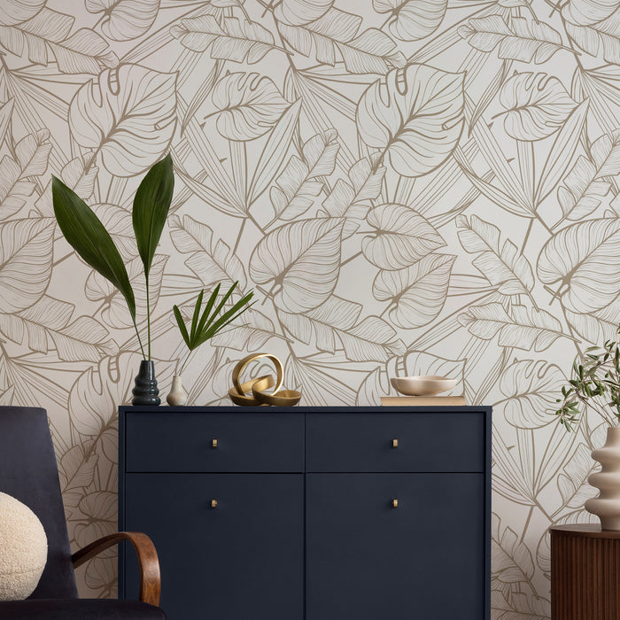 Juniper Neutral - Muted Gold Tropical Leaves Wallpaper