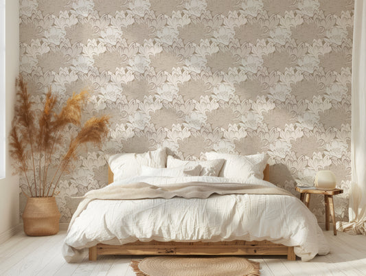 Kennedy Wallpaper In Farmhouse Bedroom With Wooden Bed And White Bedding As Well As Beige Plants