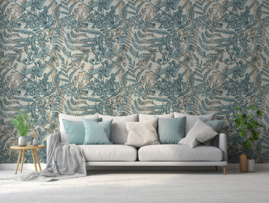 Maisie Wallpaper In Living Room WIth Blue And Grey Sofa And Green Plants