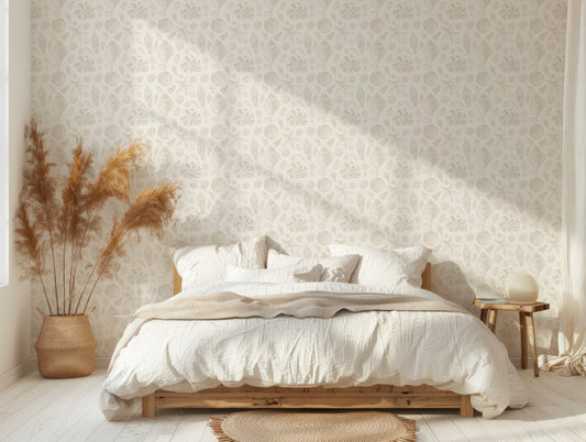Maurea Costal Seashell Wallpaper In Farmhouse Bedroom With Wooden Bed And White Bedding As Well As Beige Plants