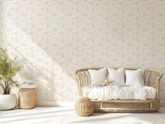 Maurea Costal Shell Wallpaper In Room With Wooden Sofa With Starfish Cushion And Coastal Plants Either Side