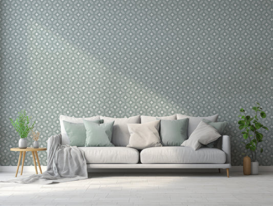Naomi Wallpaper In Living Room WIth Blue And Grey Sofa And Green Plants