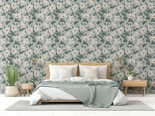 Natalia Wallpaper In Bedroom With Wooden Fram Bed With Sage Blanket And Plants Either Side of The Bed