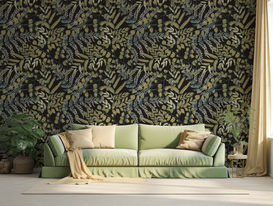 Otillie Wallpaper In Living Room With Green Sofa And Golden Beige Cushions