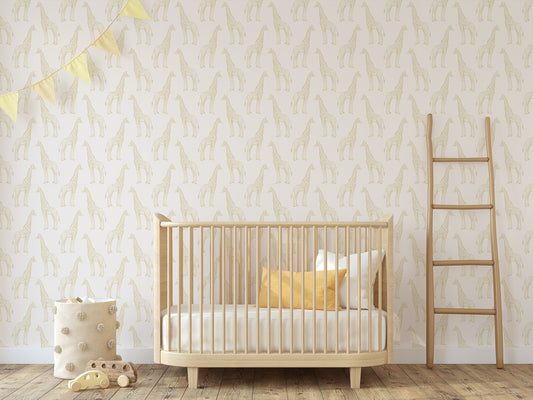 Riley Wallpaper With Wooden Cot With Yellow Cushions