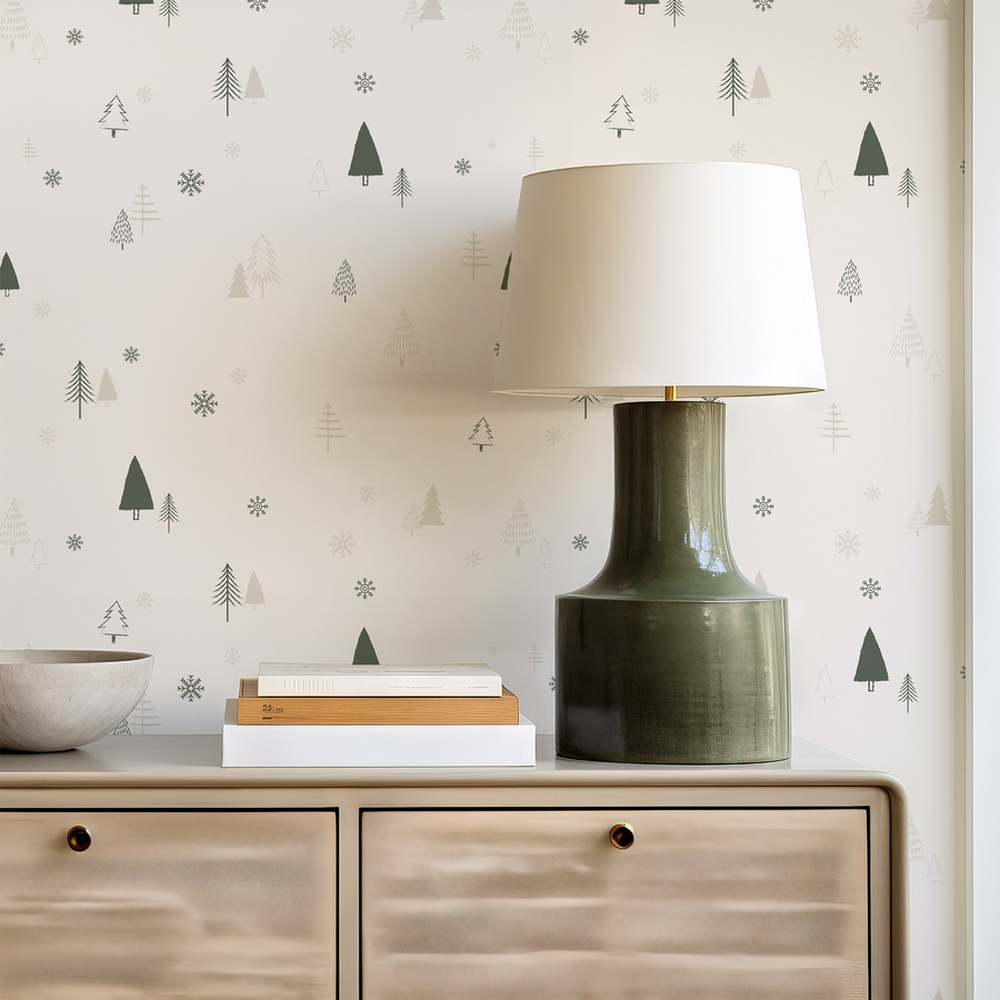 Noelle - Tiny Pine Trees and Snowflakes Wallpaper