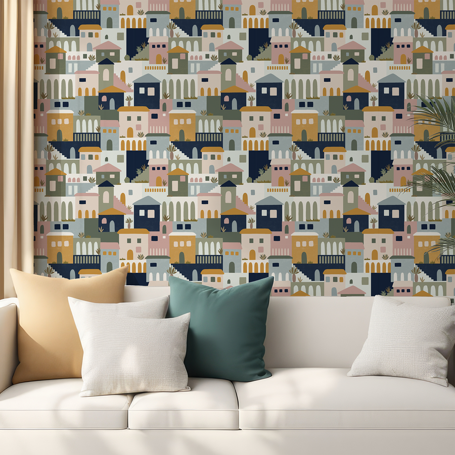 Maria - Mediterranean Town Houses Print Wallpaper