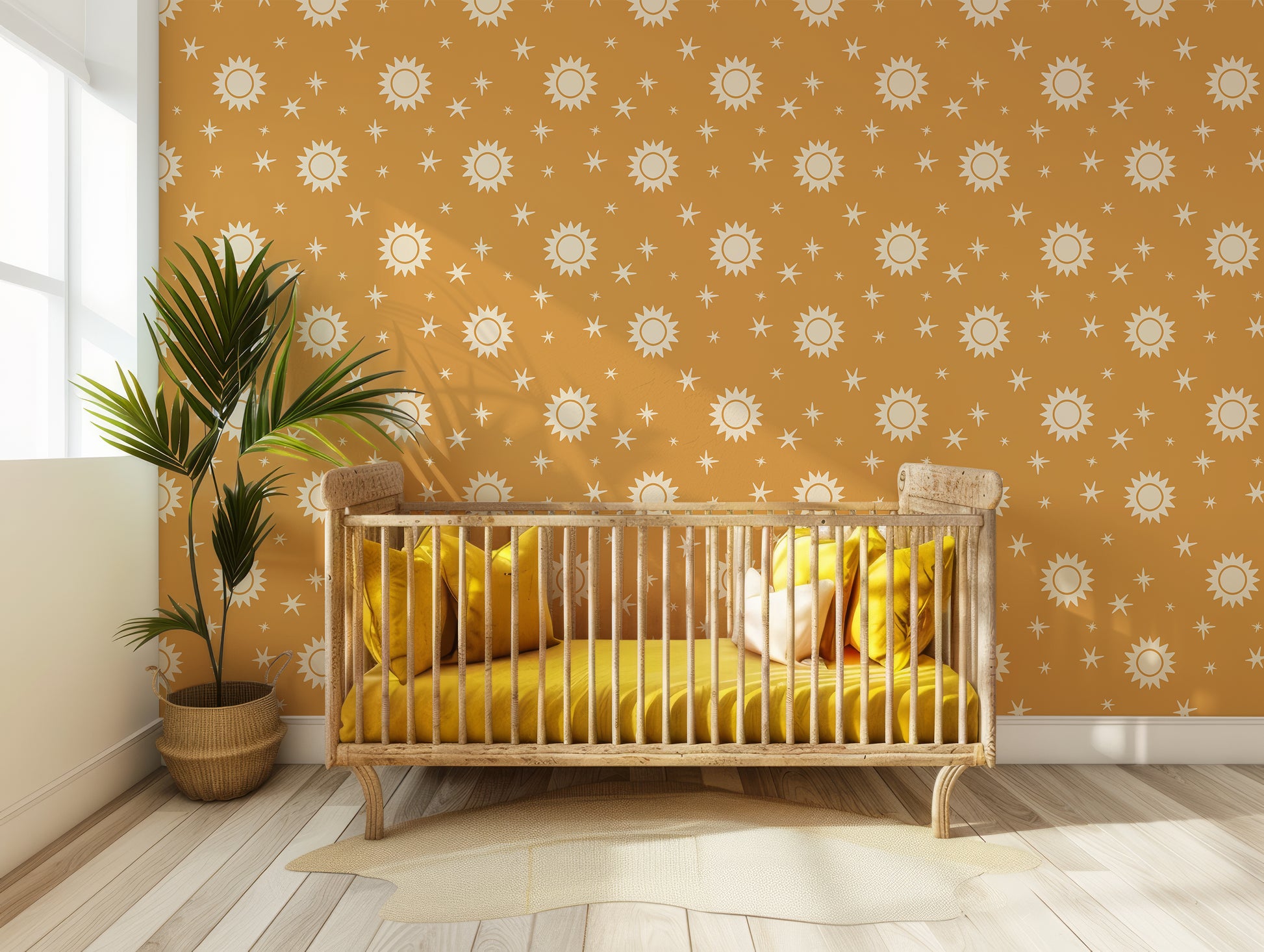 Starla Orange Sunslight And Stars Nursery Wallpaper In Nursery With Mustard Yellow Colored Crib And Large Green Plant Next To It