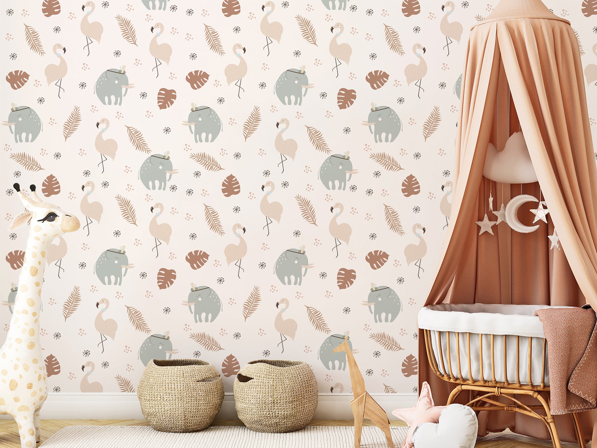 Tabatha Children's Cot Covered in Beige Fabric With Toy Giraffe