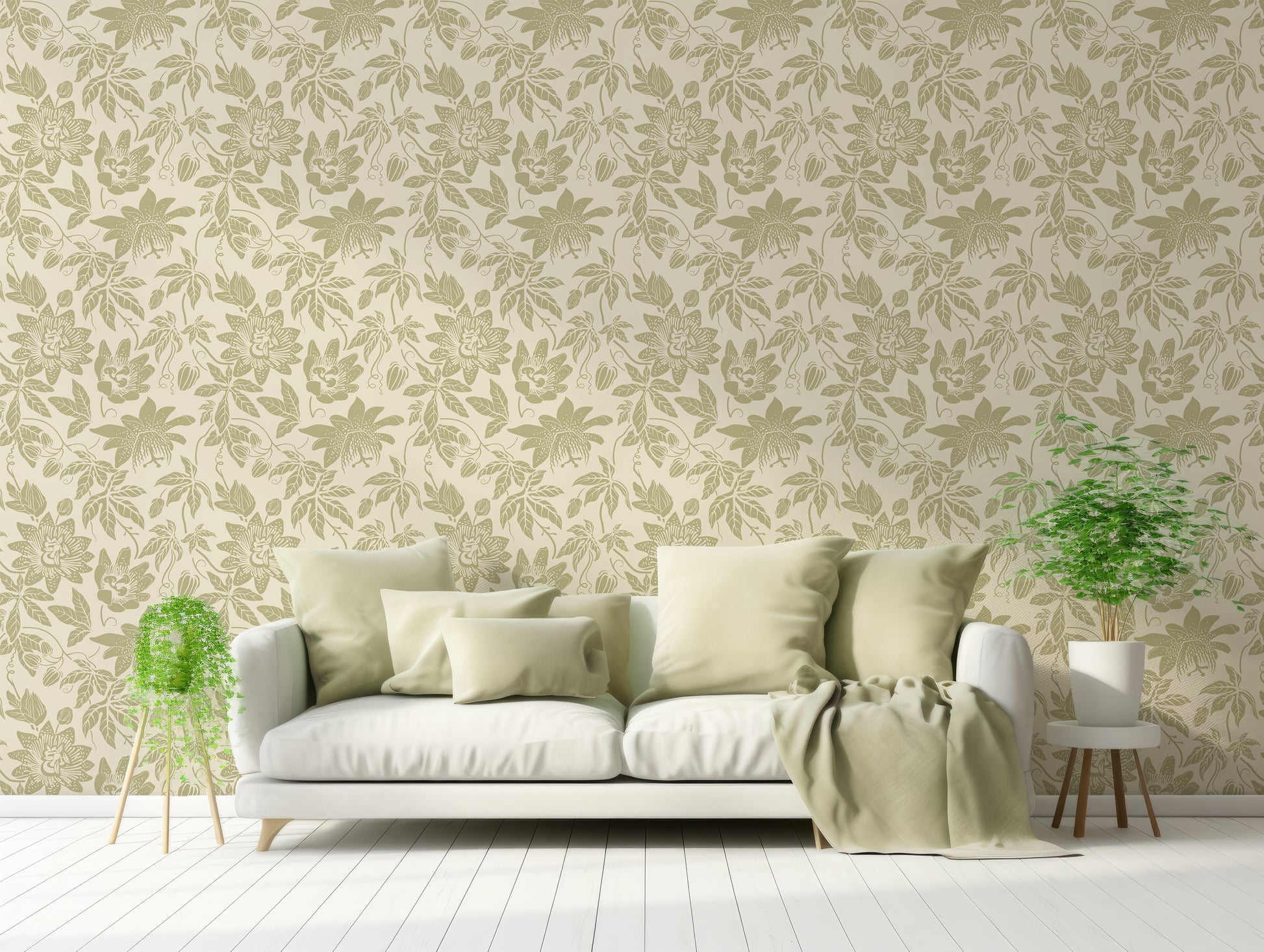 Thea Wallpaper In Pastel Themed Living Room With Pastel Green Sofa And Green Plants