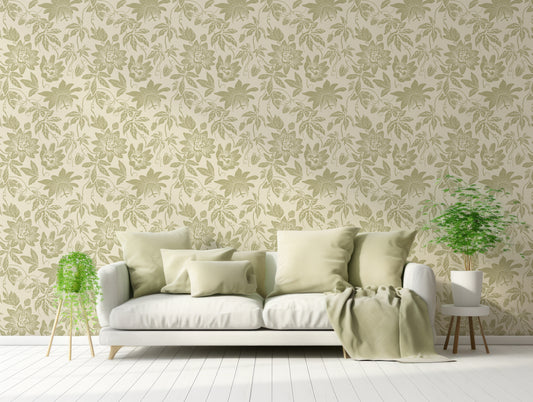 Thea Wallpaper In Pastel Themed Living Room With Pastel Green Sofa And Green Plants