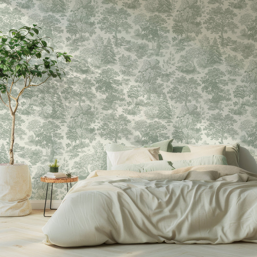 A bedroom with soft furnishings showing the Willow wallpaper which is a vintage forest style with detailed etched fir trees in sage green tones on a soft pastel green background in a repeating botanical pattern.