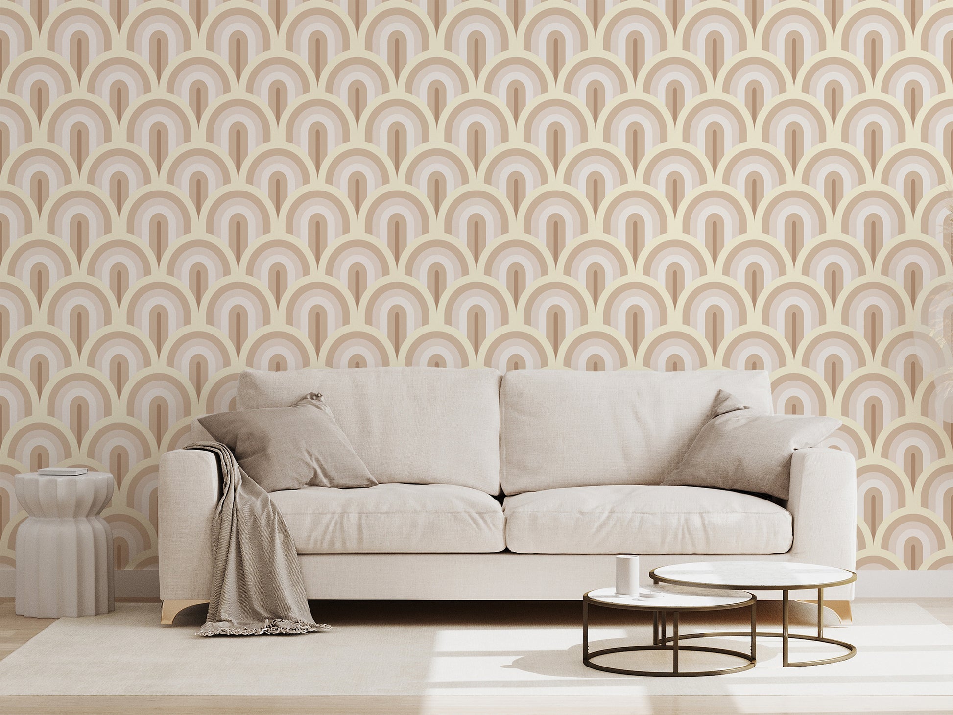 Wrenlee Wallpaper In Living Room White Sofa with 2 Small Coffee Tables