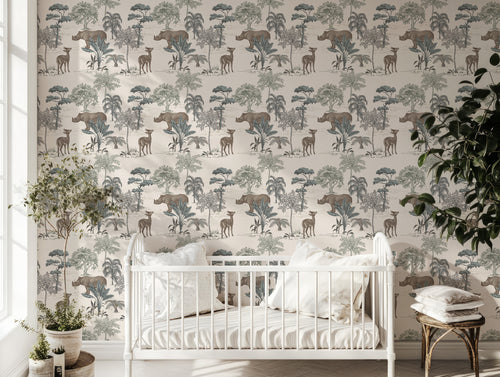 Zinnia Wallpaper In Nursery With White Painted Wooden Cot With Dark Plants Either Side