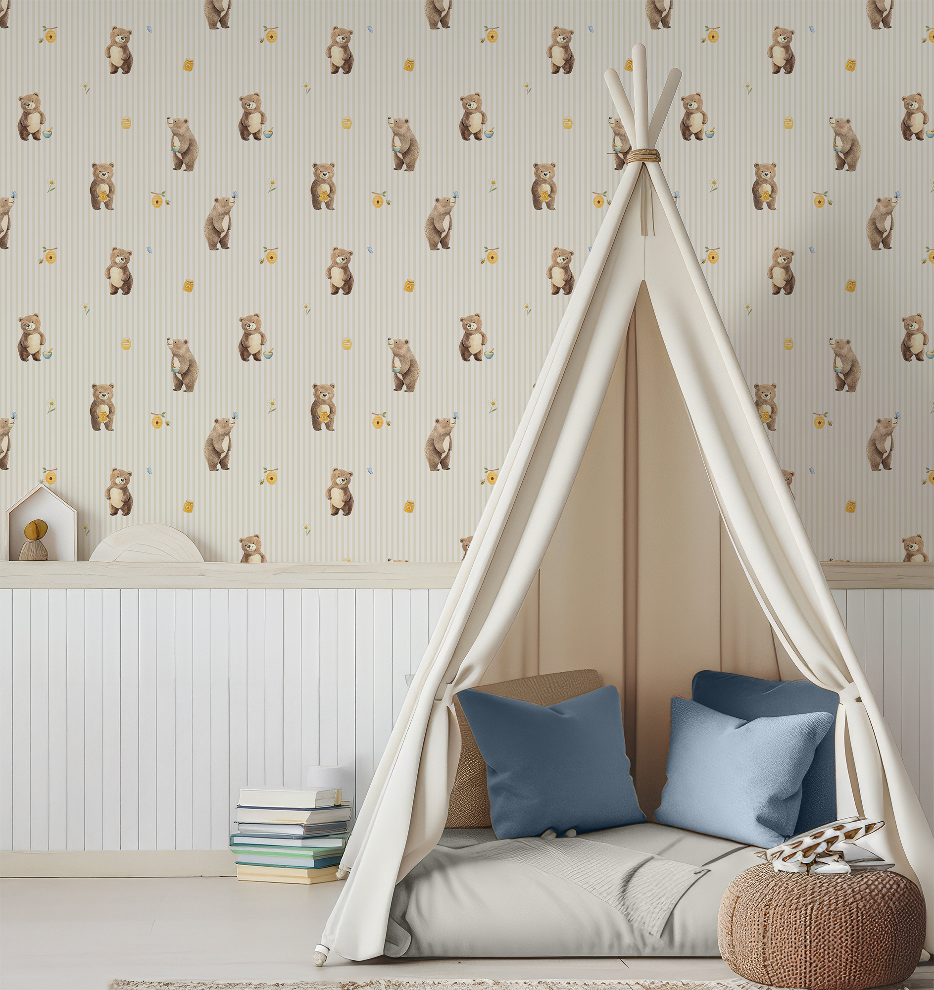 Hudson - Honey Bear, Bees and Butterflies Wallpaper