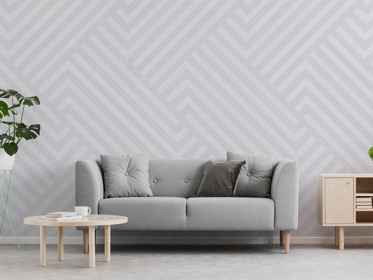 Adeline Diagonal Stripe Wallpaper Grey Living Room with light wood Furniture
