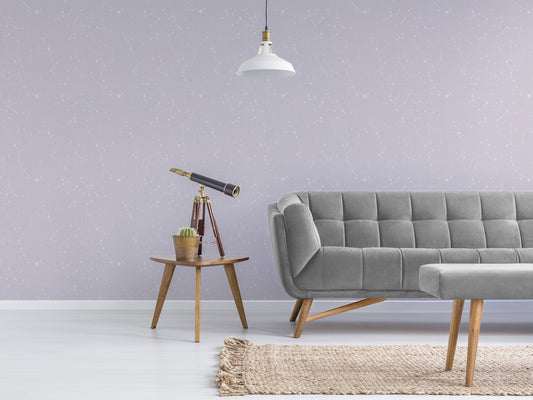 Ariana Lilac Constellation Zodiac Wallpaper in Living Room Black and Gold Telescope