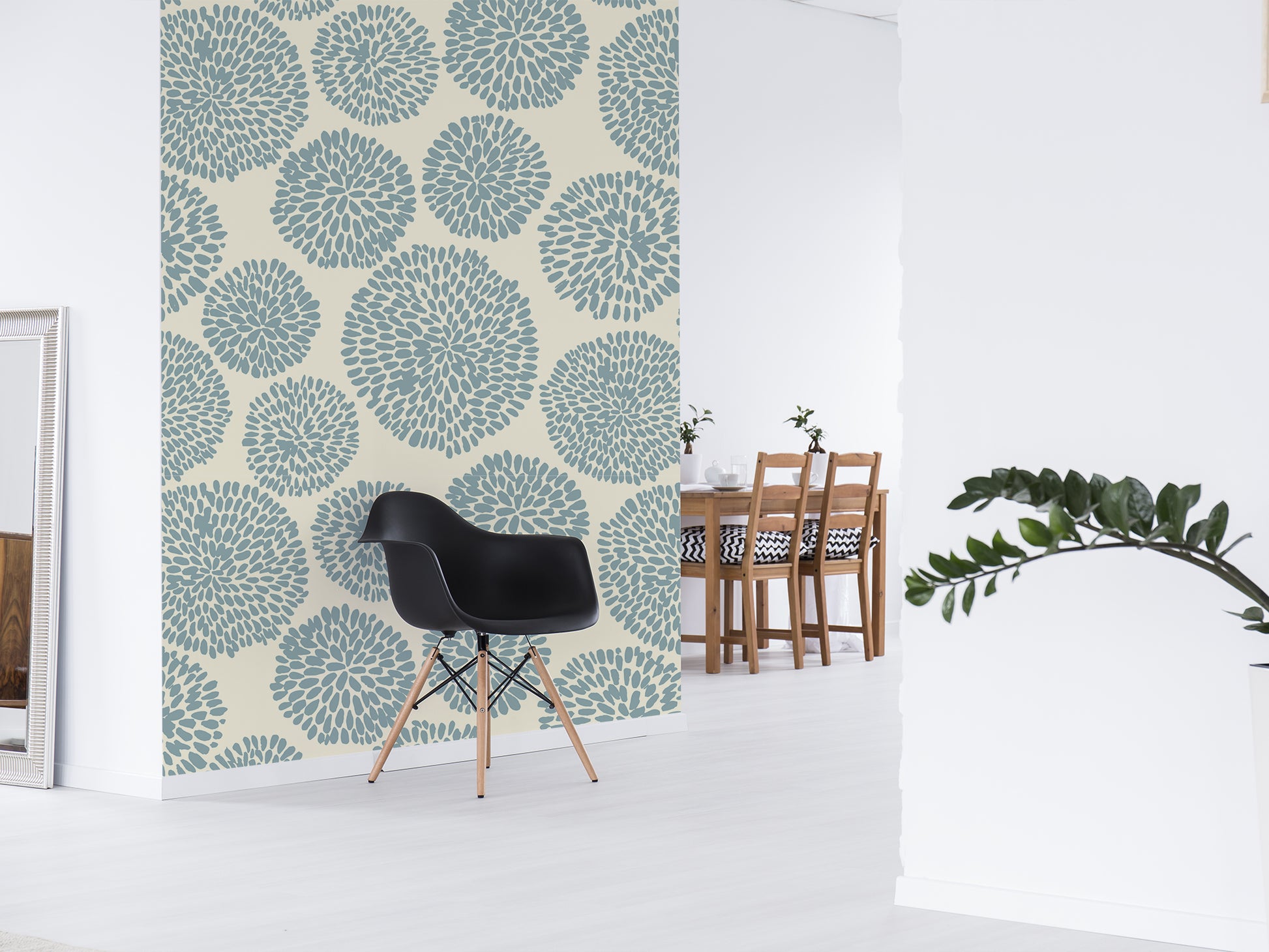 Auxence Bleu Blue Cream Circle Wallpaper in a White Hallway with a Black Eames Chair