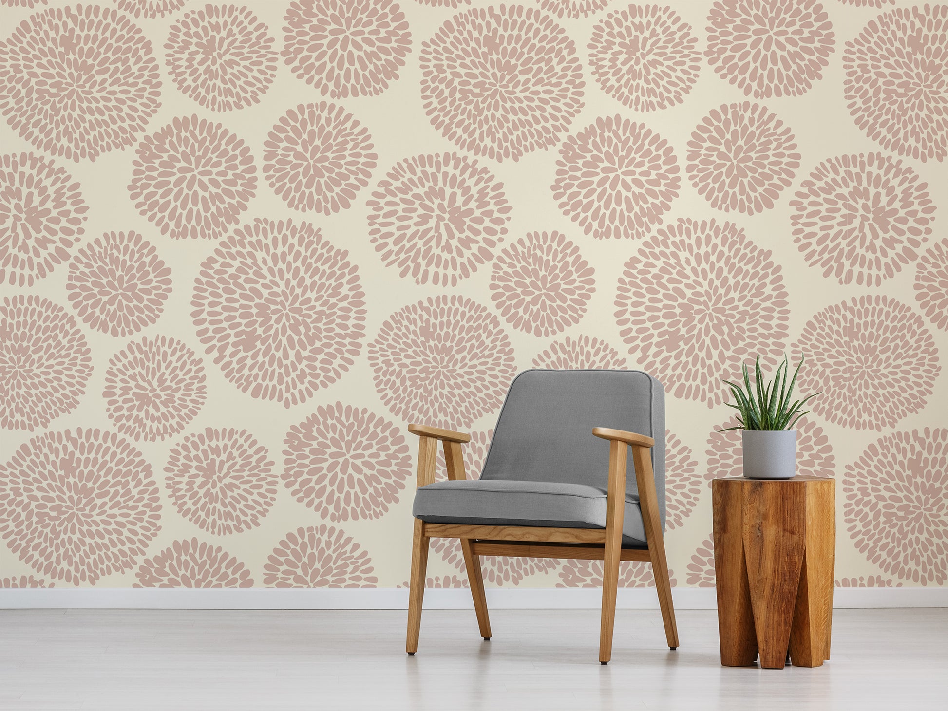 Auxence Taupe Neutral Circle Wallpaper with a Grey Occasional Chair