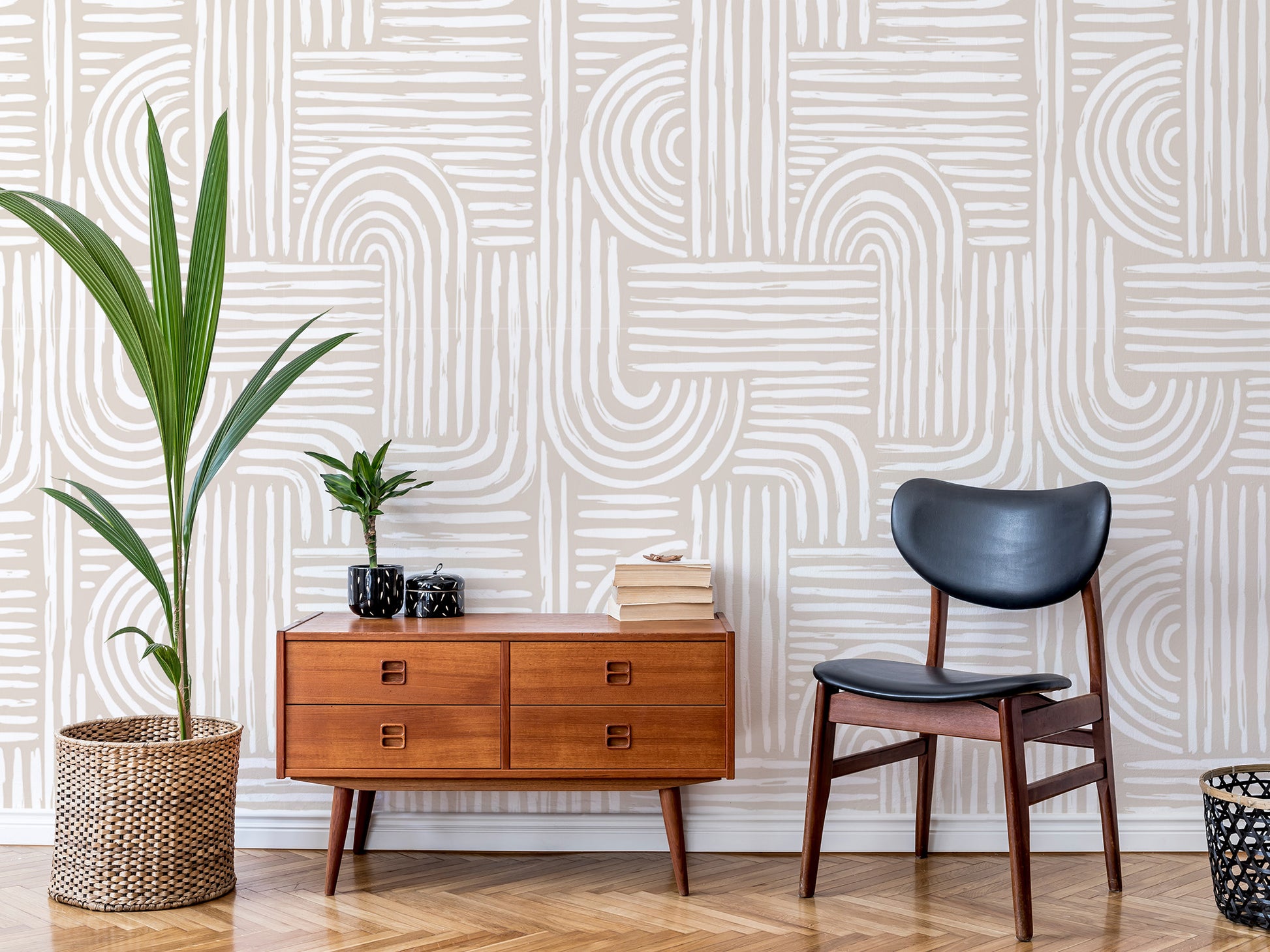 Beige and white abstract modern removable peel and stick wallpaper in a mid century living room.