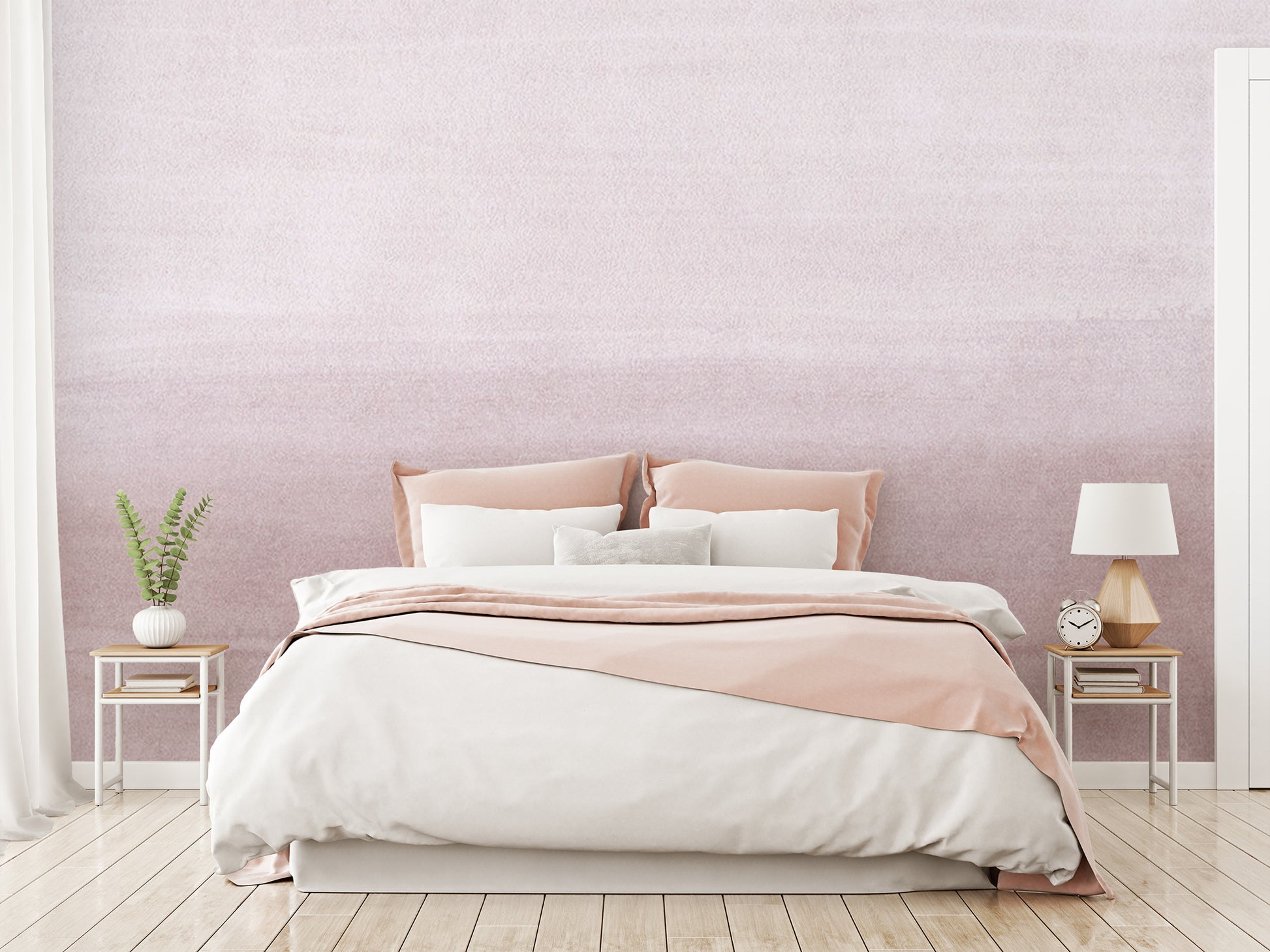 Clara Blush Ombre Watercolour Wallpaper in a Chic Pink Bedroom