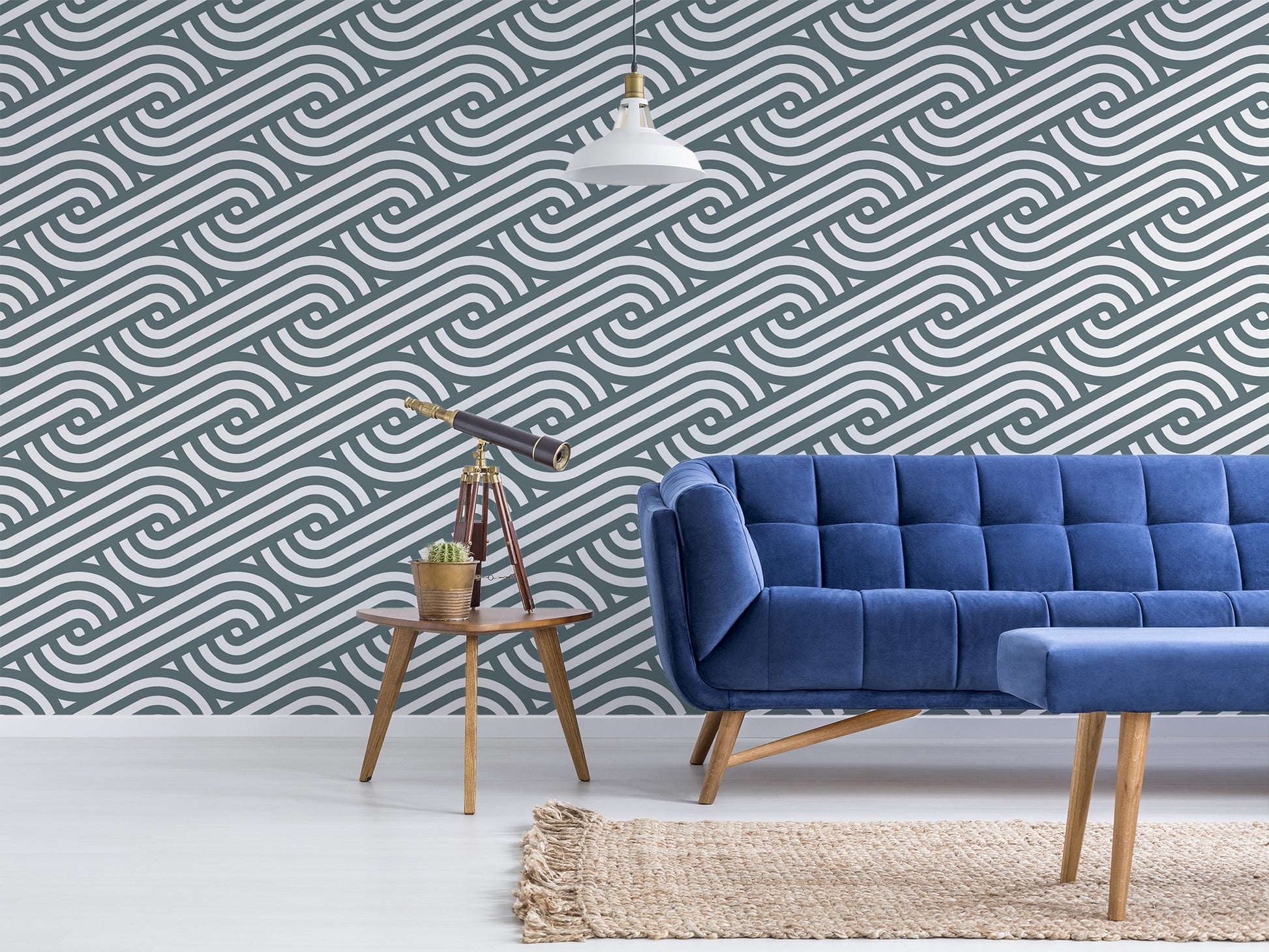 Cordell Light Blue Geometric Wave Wallpaper in a Living Room with Blue Sofa and accent Telescope
