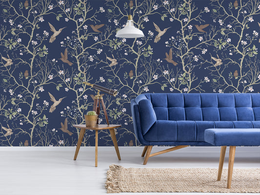 Derora - Chinoiserie Trees, Birds & Flowers Peel & Stick Wallpaper