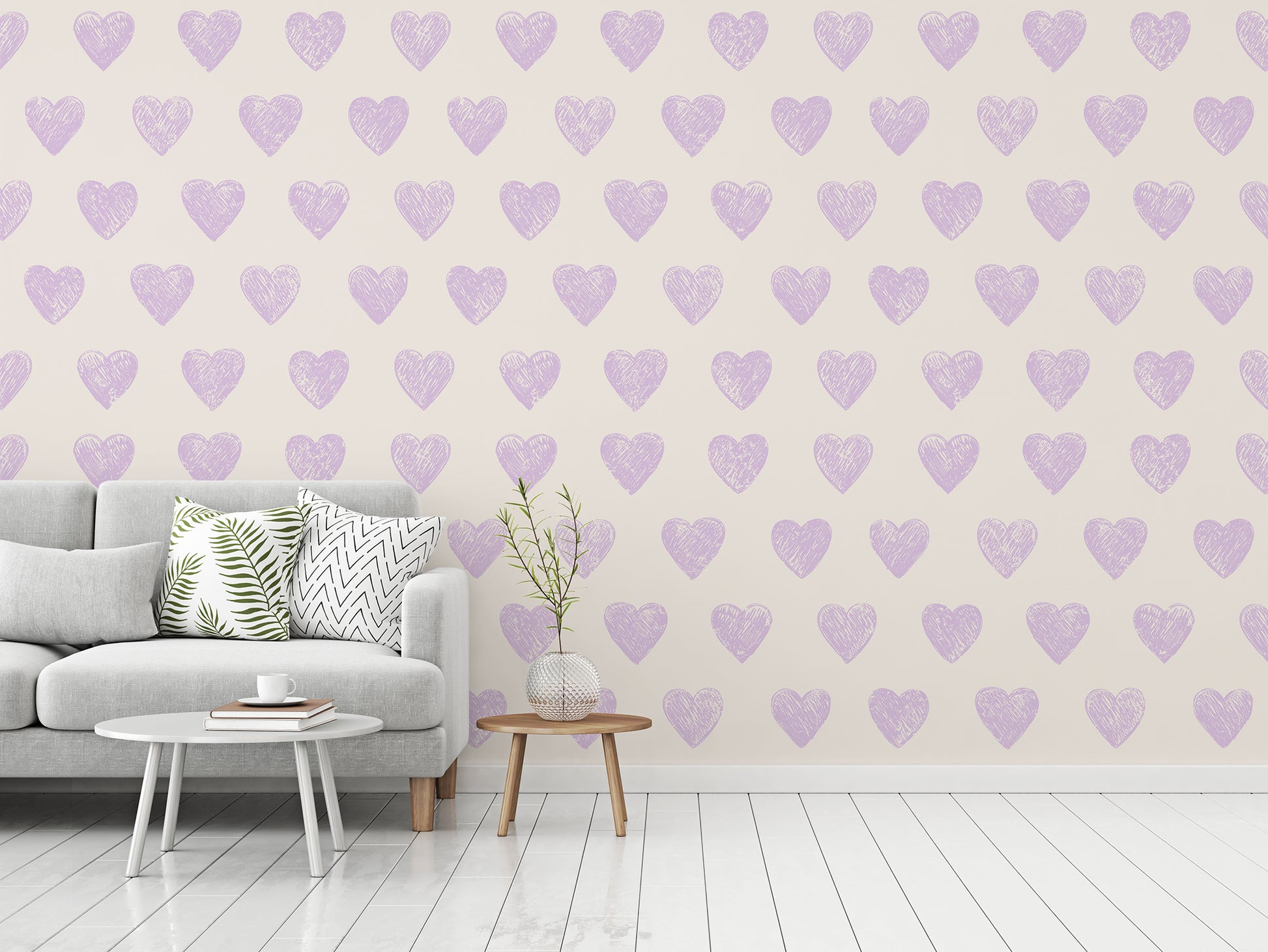 Desiree Lilac Love Heart Wallpaper in a Grey Living Room