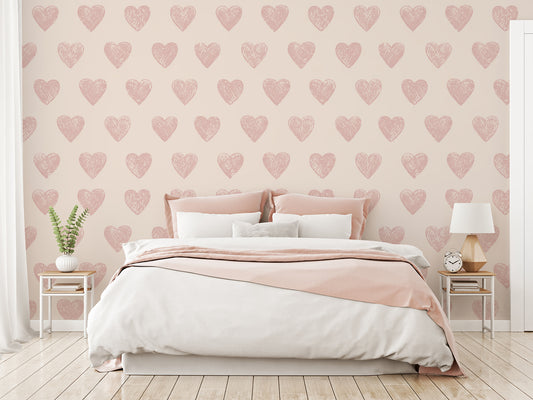 Desiree Neutral Blush Love Heart Wallpaper in a Pink Bedroom