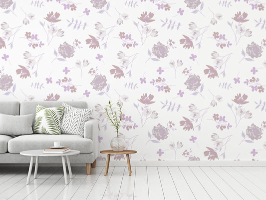 Fleur Pink Purple Floral Wallpaper with Grey Couch and Plant