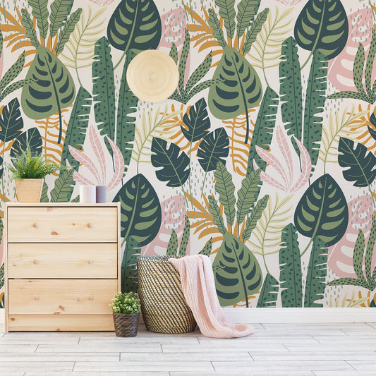 Spoonflower Removable Peel & Stick Wallpaper - Tropical Palm Leaf Boho Print, 24" X 108" Roll, Repositionable Self-Adhesive