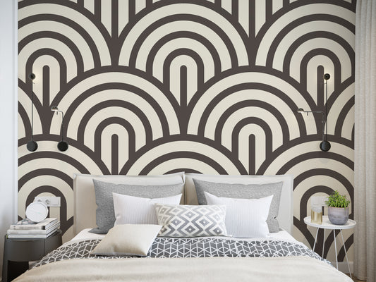 Jabrielle Cream Black Retro Arches Wallpaper with Beige Grey Bedroom