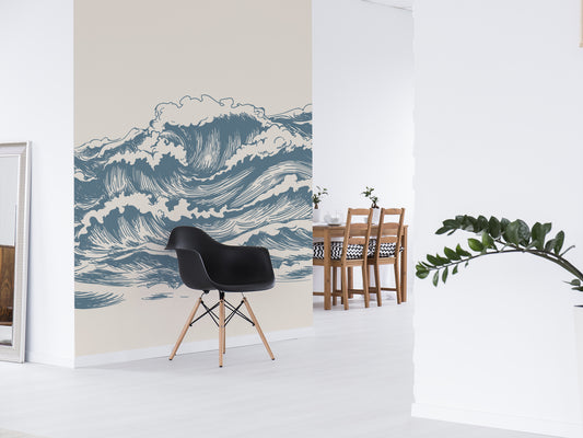 Jennie Blue Cream Great Wave Wallpaper with a Black Eames Chair