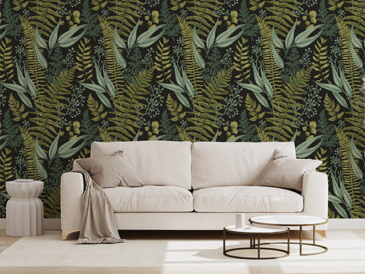 Kimberly Vintage Green Leaves Wallpaper in Living Room with 2 Small Coffee Tables and White Sofa