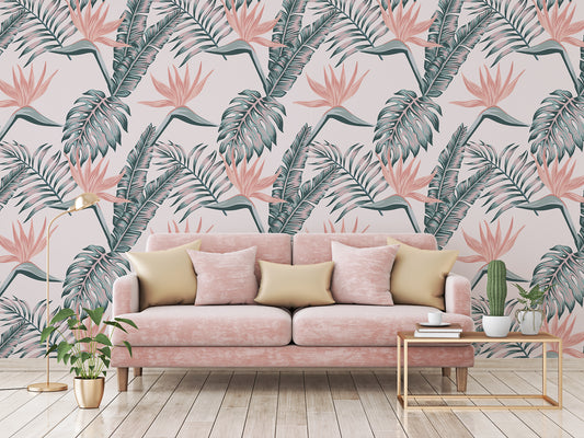 Moriko Living room interior wall with pink fabric sofa and pillows