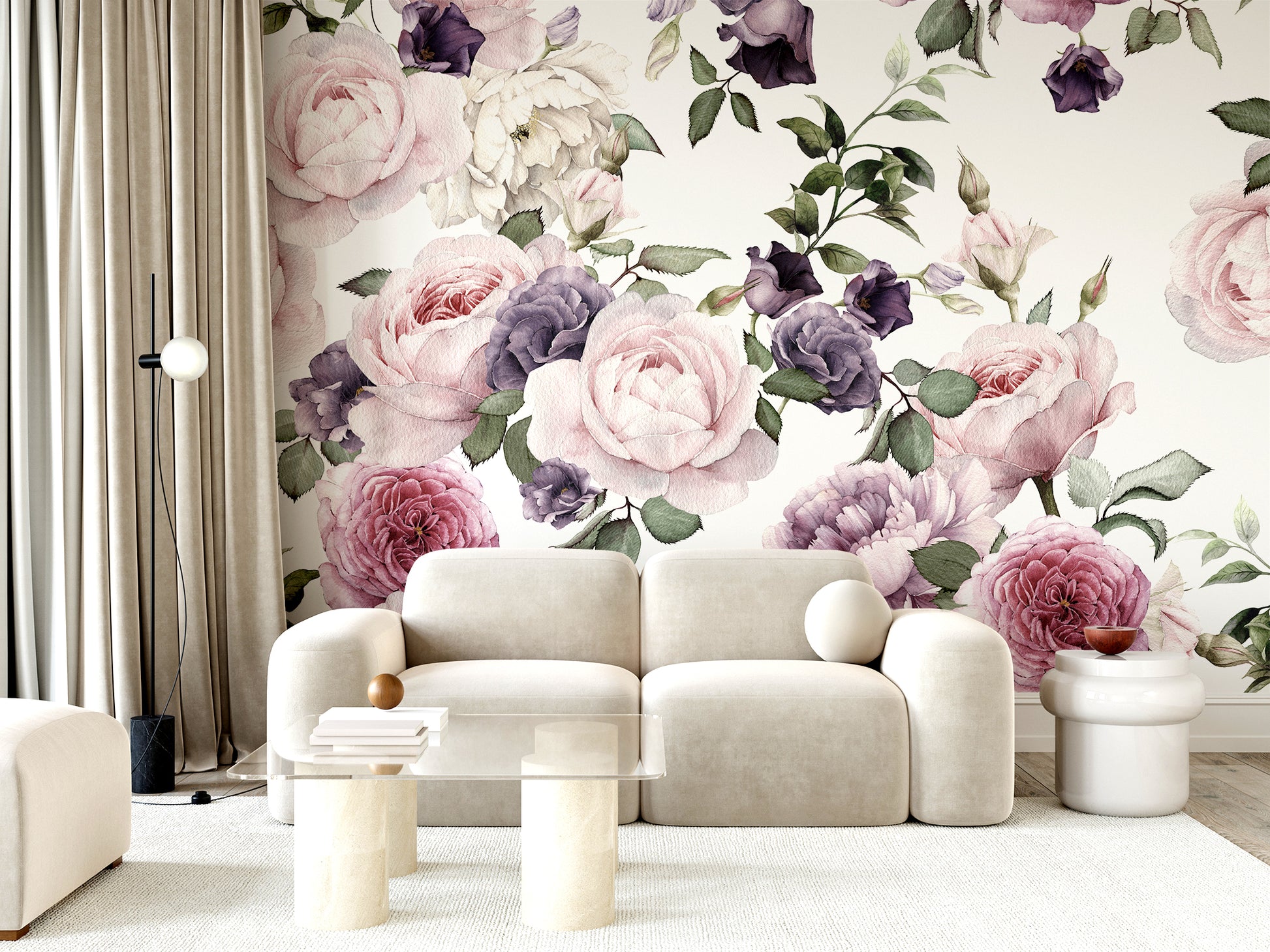 Rosalie Pink and Purple Roses Wallpaper in Living Room with Glass Table and Curtains