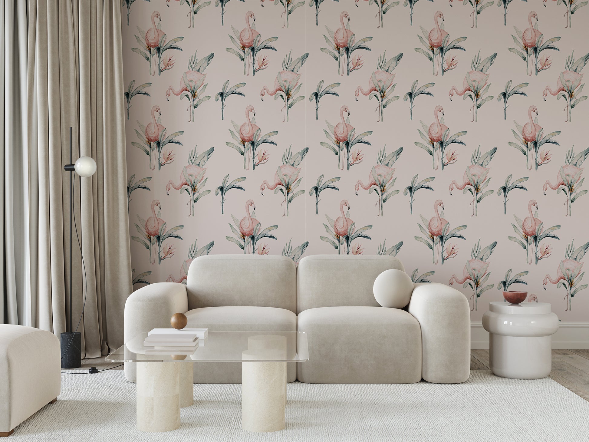 Valencia Pink Flamingo Watercolor Wallpaper in Living Room with Glass Table and Curtains